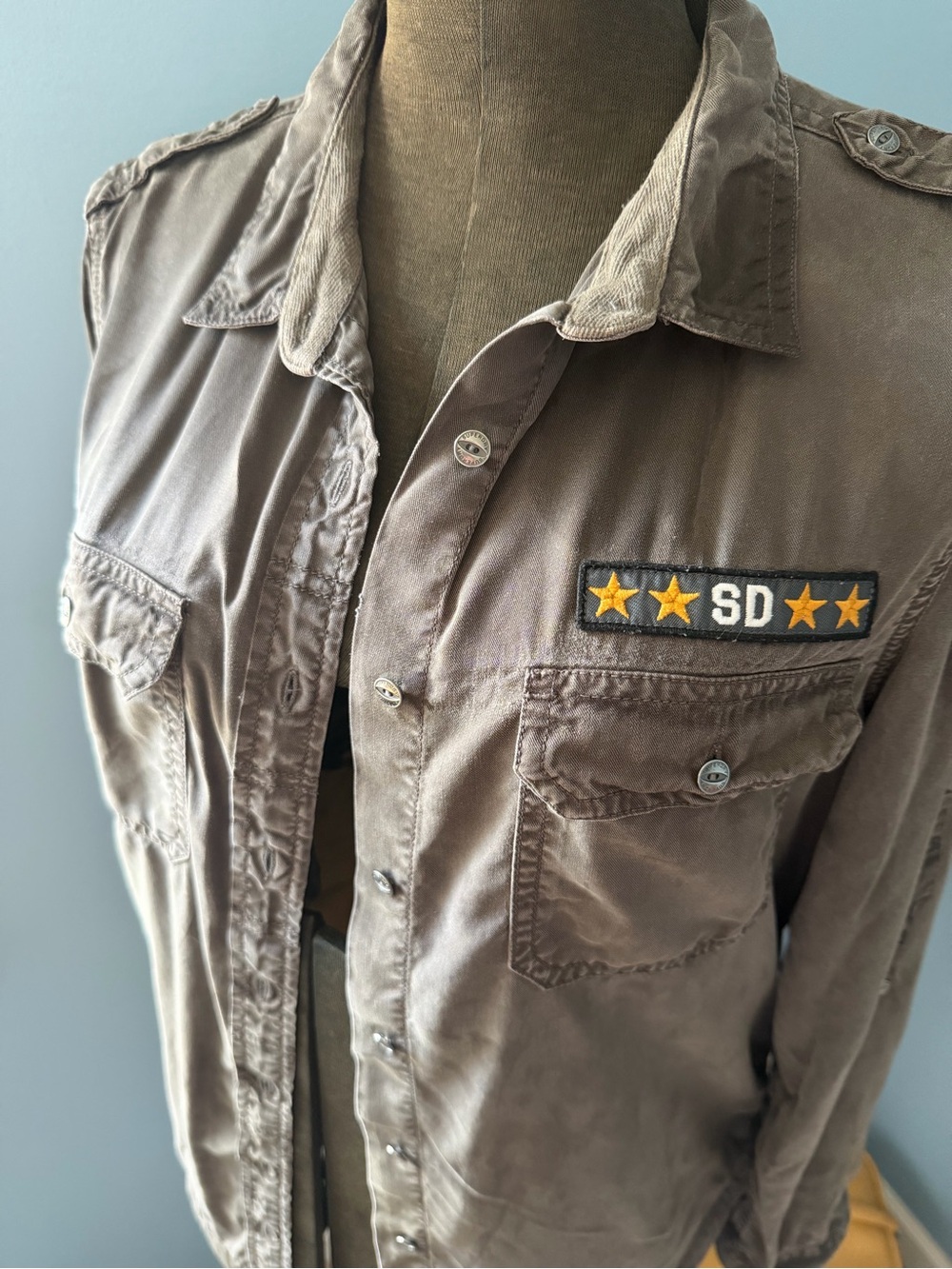 Superdry Grey Button-Front Utility Shirt with SD Star Patch